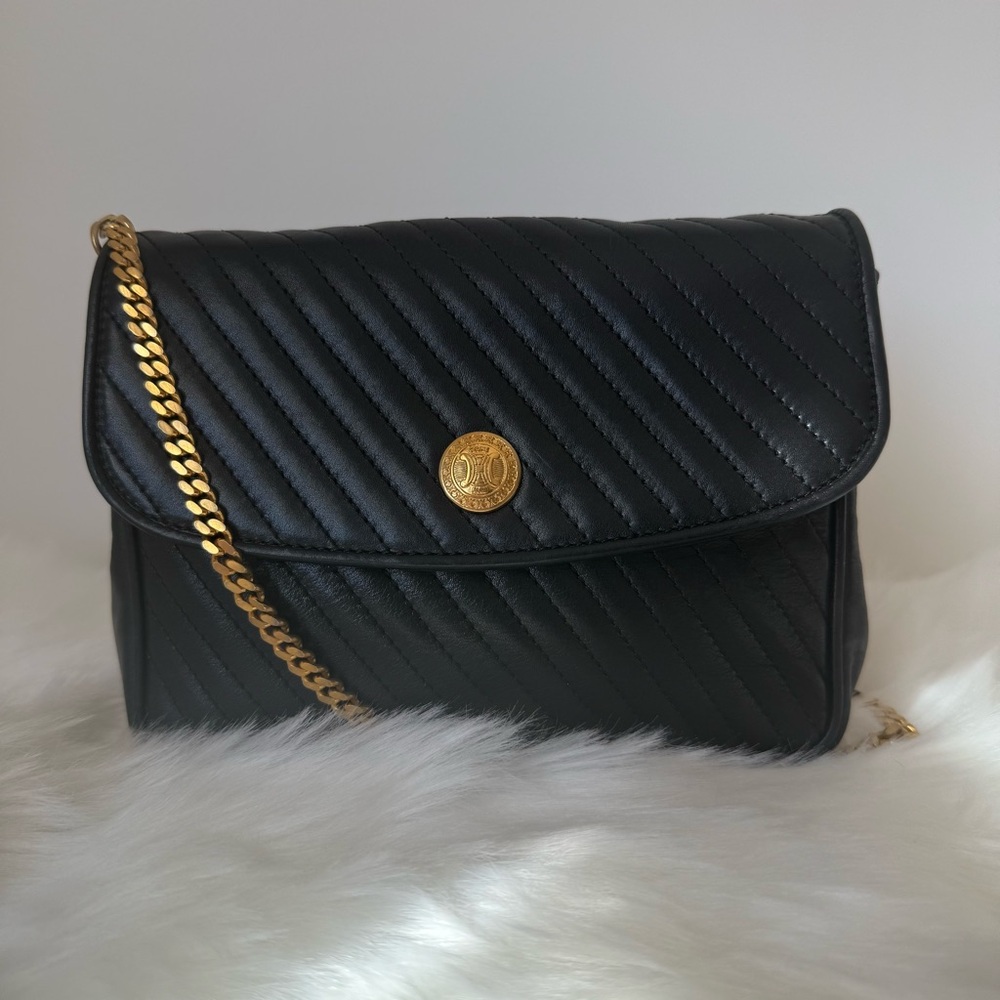Vintage Celine Black Quilted Leather Crossbody with Gold Chain